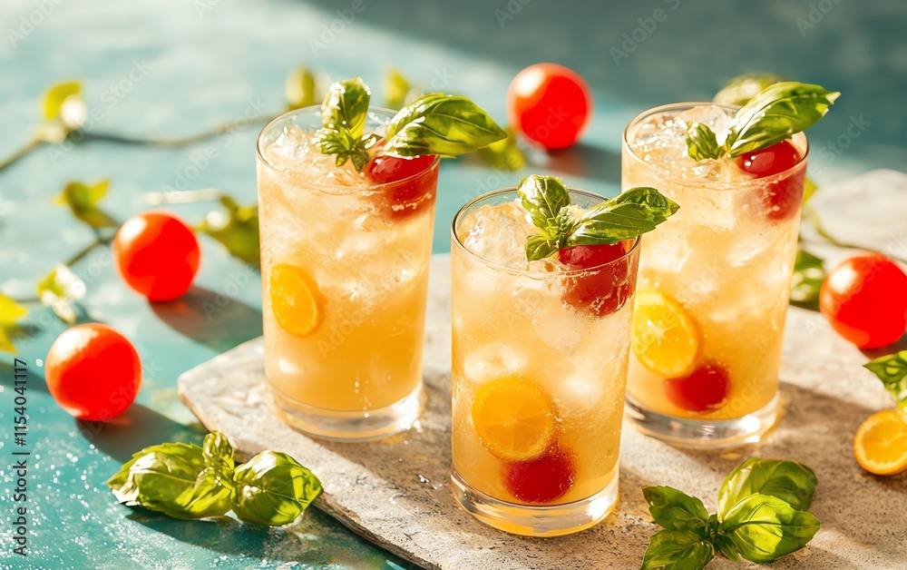 Fototapeta premium Refreshing cocktails with fruits and herbs, on a lively table setting.