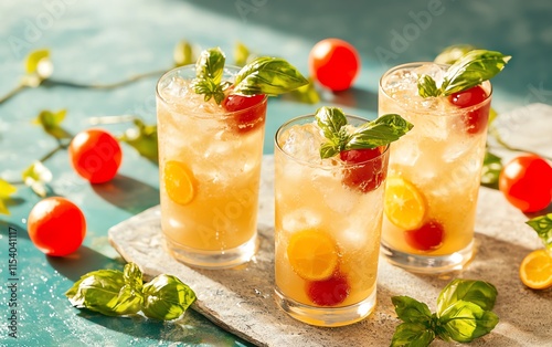 Refreshing cocktails with fruits and herbs, on a lively table setting.