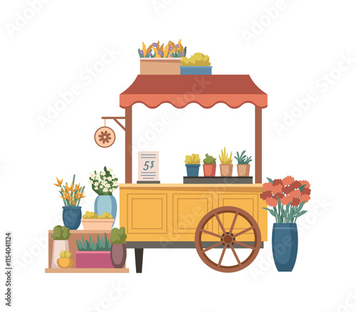 Flower shop or kiosk with assortment of plants and prices. Vector isolated empty florist store with potted houseplants and vases with bouquets. Floristry and flora compositions for sale