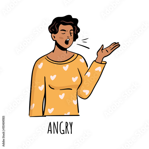 Shouting angry female personage expressing bad emotions by screaming or arguing. Vector flat cartoon character, isolated girl releasing anger or fury. Furious and angry lady with closed eyes