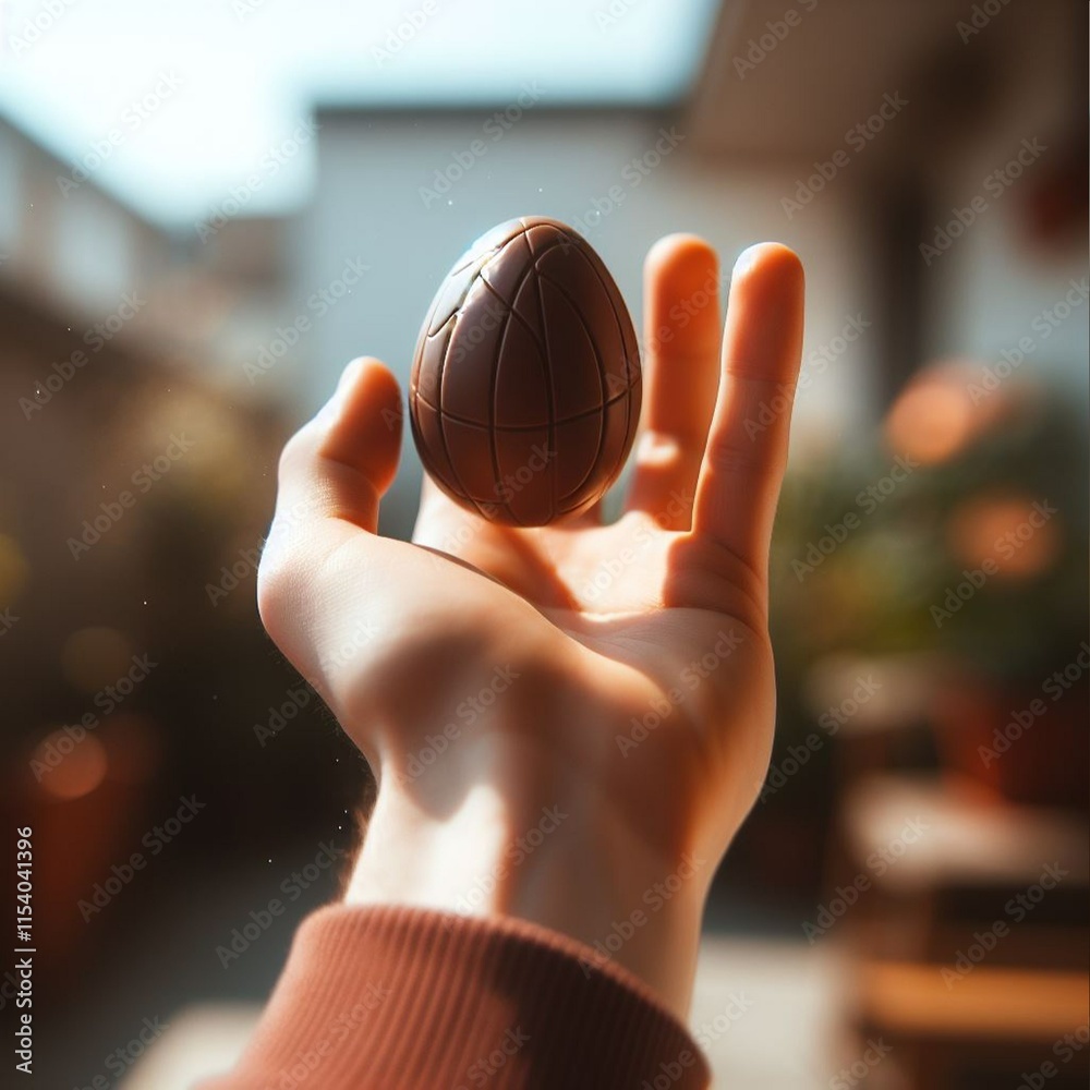 a chocolate Easter egg being held or tossed in the air a chocolate Easter egg being held or tossed in the air