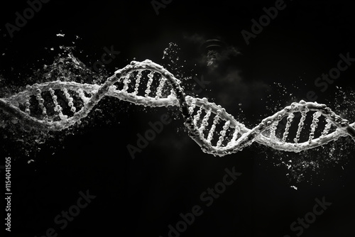 A black and white photo of a double helix of a dna strand