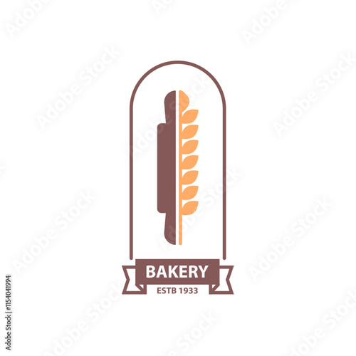 Wheat ear and rolling pin, ribbon with copy space for bakery shop name. Vector isolated logotype for baker business. Organic pastry and delicious buns, baguettes and tasty local production
