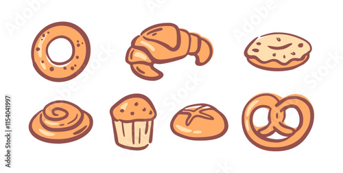Bakery shop production, isolated set of simits and croissants, buns and croissants, pretzels. Vector yummy doughnut from store, grocery assortment. Farm made organic meal for dieting nutrition