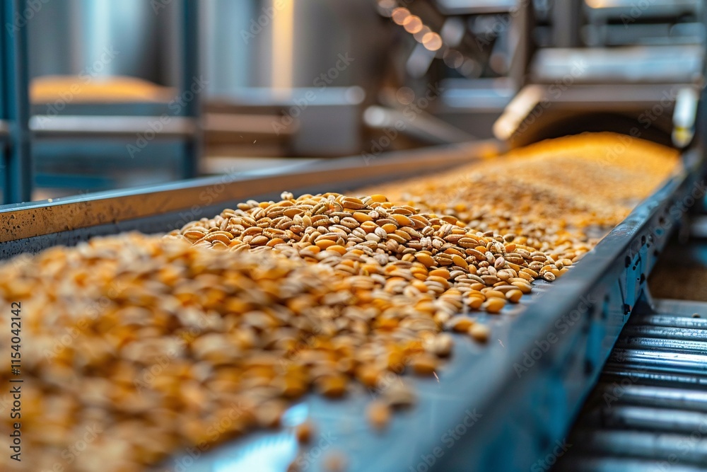 Golden grains are flowing steadily along a conveyor belt inside a processing facility, showcasing the efficiency of modern agricultural methods Golden grains are flowing steadily along a conveyor belt inside a processing facility, showcasing the efficiency of modern agricultural methods