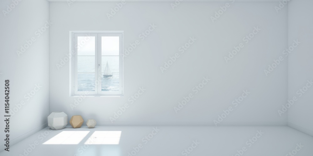 Fototapeta premium Minimalist Room Interior Design with Ocean View and Geometric Decor