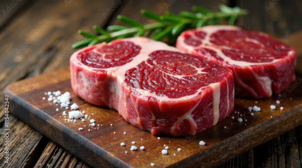 Aromatic Rosemary and Raw Beef Steaks Ready for Grilling on Rustic Wooden Board