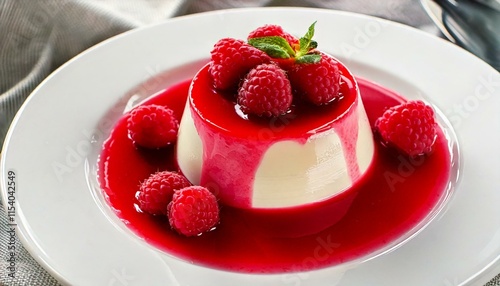 Panna cotta topped with a glossy raspberry coulis and fresh berries, centered on a white plate