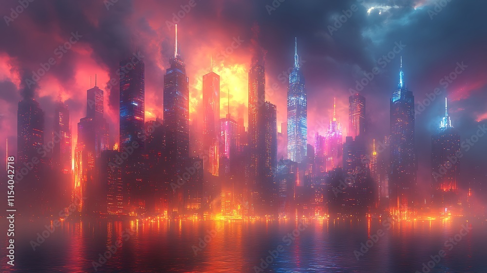 Naklejka premium Futuristic City Skyline Glowing at Night by Water