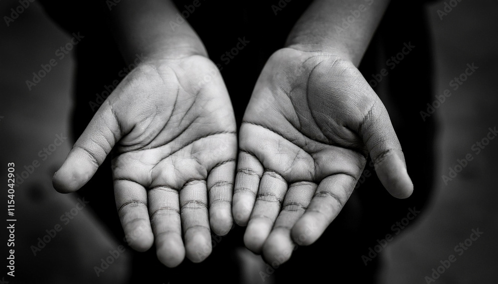 A black-and-white photo of a young girl, likely a beggar, holding out her small hands with open palms facing up, evoking a sense of innocence and need. A black-and-white photo of a young girl, likely a beggar, holding out her small hands with open palms facing up, evoking a sense of innocence and need.