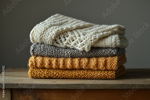 Stack of Knitted Sweaters in Neutral Tones - Cozy and Stylish Winter Wear photo