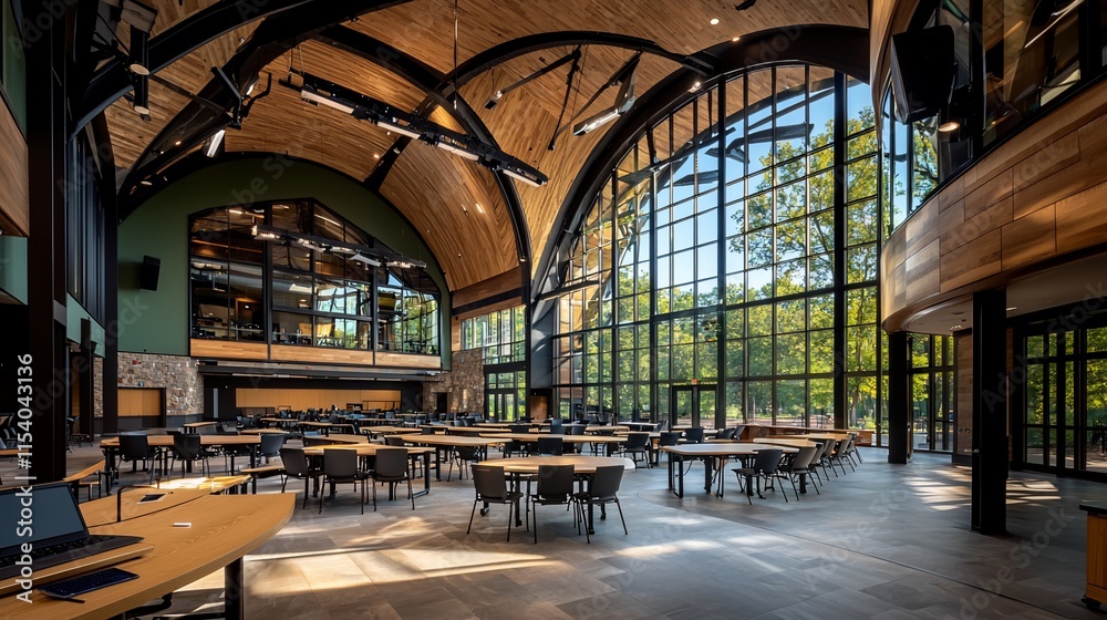Spacious hall with large windows, wooden beams, and tables. Spacious hall with large windows, wooden beams, and tables.