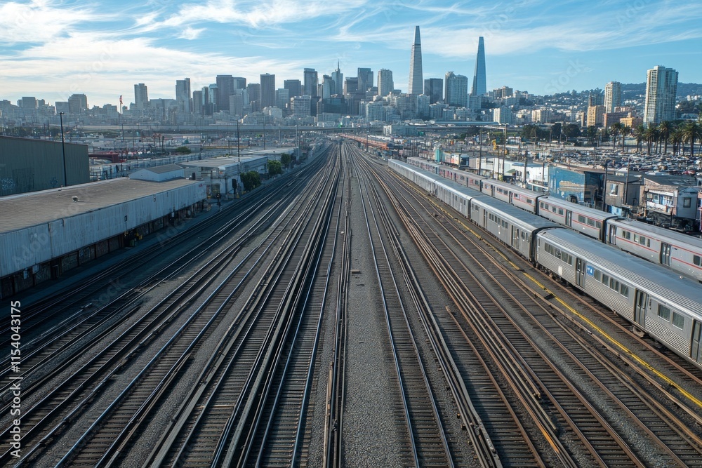 Urban Railway Network in the City: A Stunning Aerial View of Train Tracks and Modern Cityscape Urban Railway Network in the City: A Stunning Aerial View of Train Tracks and Modern Cityscape