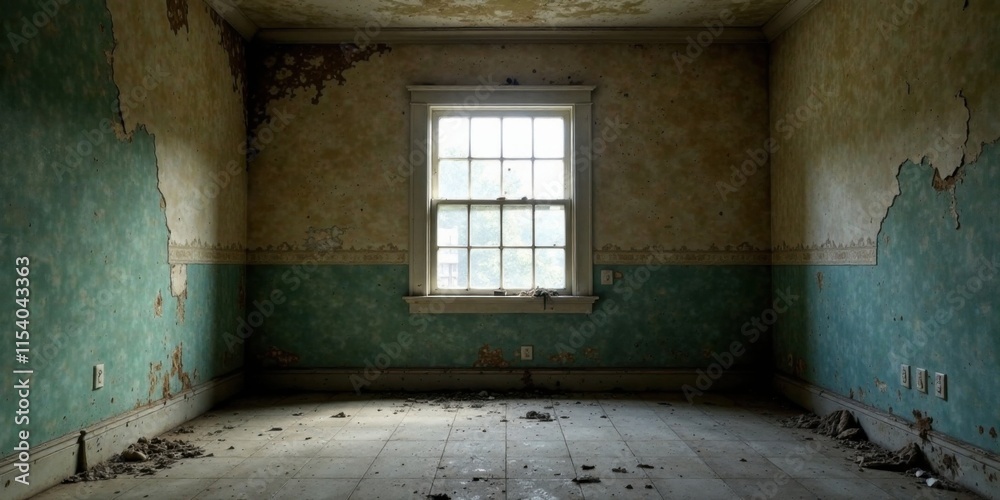 A Desolate Room's Silent Story Peeling Paint, Crumbling Walls, and a Solitary Window Offering a Glimpse of the Outside A Desolate Room's Silent Story Peeling Paint, Crumbling Walls, and a Solitary Window Offering a Glimpse of the Outside