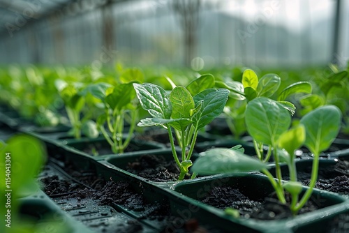 Seedlings are thriving in specially designed trays within a greenhouse, drenched in soft morning light, showcasing vibrant green leaves and healthy soil.