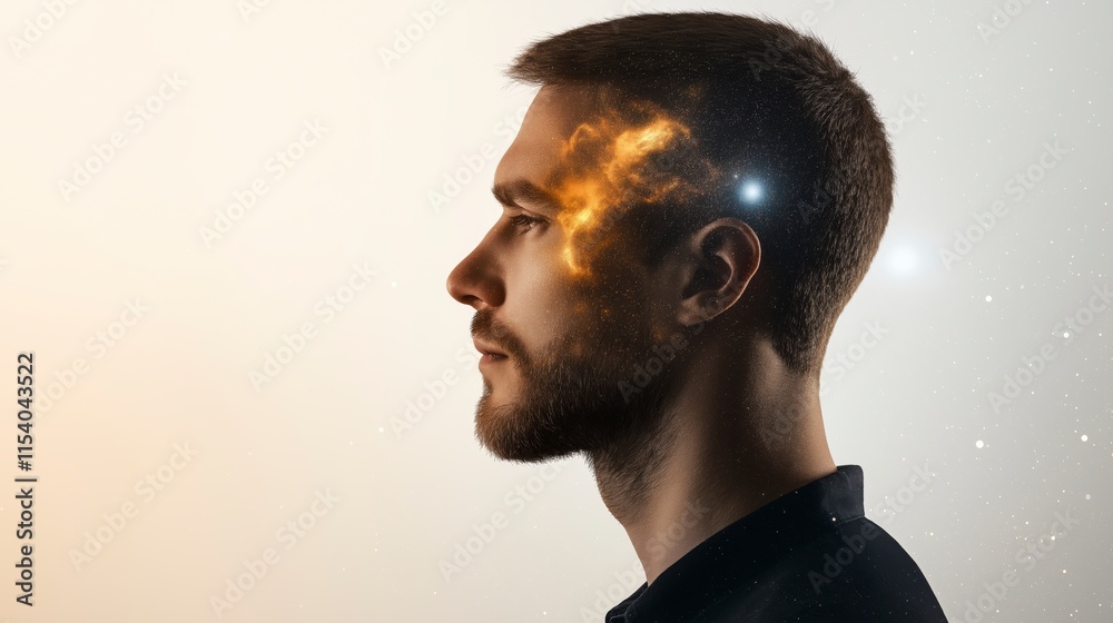 Vibrant Silhouette of a Human Profile Against a Cosmic Background, Emphasizing Imagination and Creativity with Colors and Stars Merging with the Identity Vibrant Silhouette of a Human Profile Against a Cosmic Background, Emphasizing Imagination and Creativity with Colors and Stars Merging with the Identity