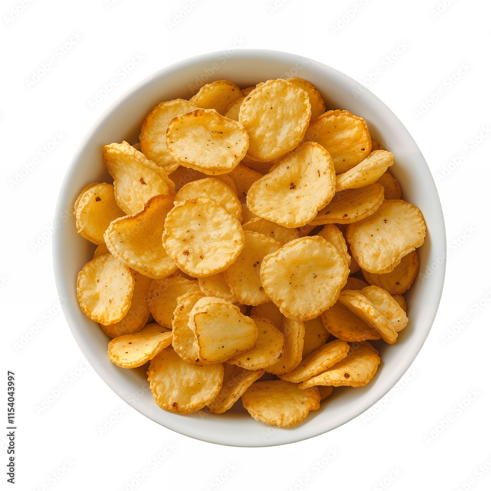 white bowl with crispy potato chips isolated on transparent background Generative Ai. white bowl with crispy potato chips isolated on transparent background Generative Ai.
