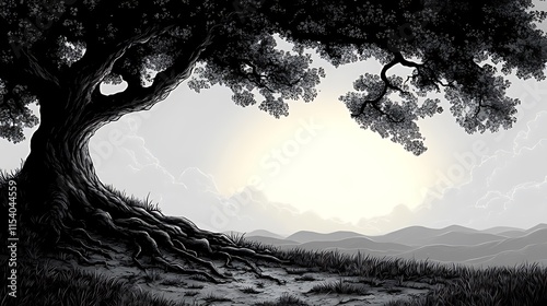 Monochrome landscape depicting a large, ancient tree with exposed roots, overlooking a serene valley at sunrise.