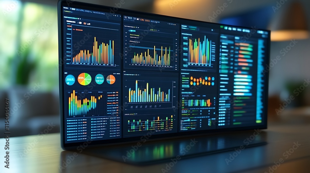 Laptop Screen Displays Numerous Financial Data Graphs Laptop Screen Displays Numerous Financial Data Graphs