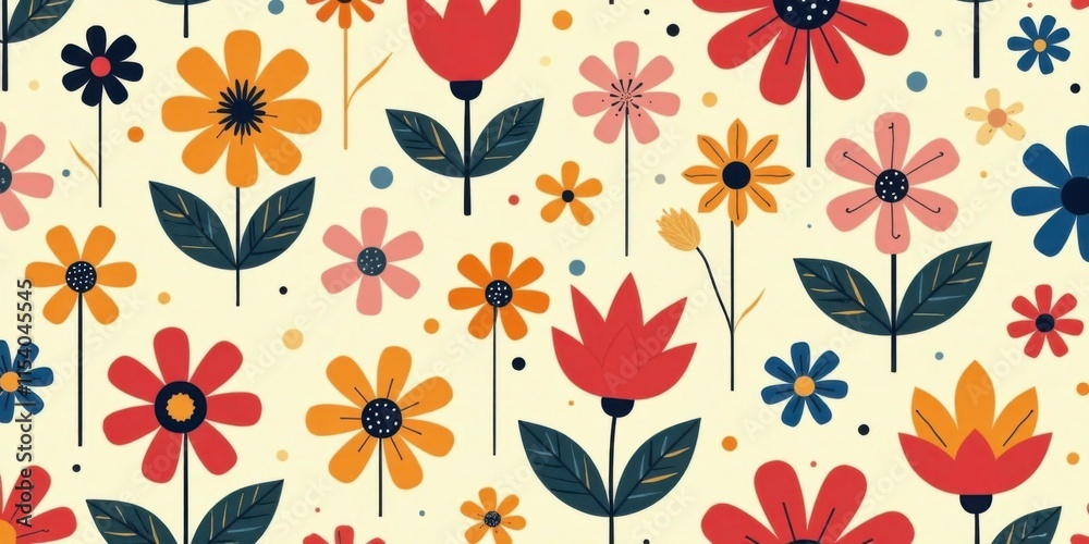 Vibrant Floral Pattern Featuring Diverse Blossoms and Artistic Foliage Arranged in a Seamless Repeating Design Vibrant Floral Pattern Featuring Diverse Blossoms and Artistic Foliage Arranged in a Seamless Repeating Design