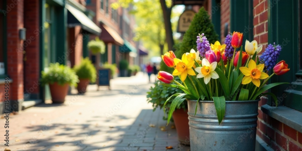 Vibrant spring blossoms in a metal bucket adorn a charming brick-lined walkway, creating a cheerful springtime scene in a quaint village setting. Vibrant spring blossoms in a metal bucket adorn a charming brick-lined walkway, creating a cheerful springtime scene in a quaint village setting.