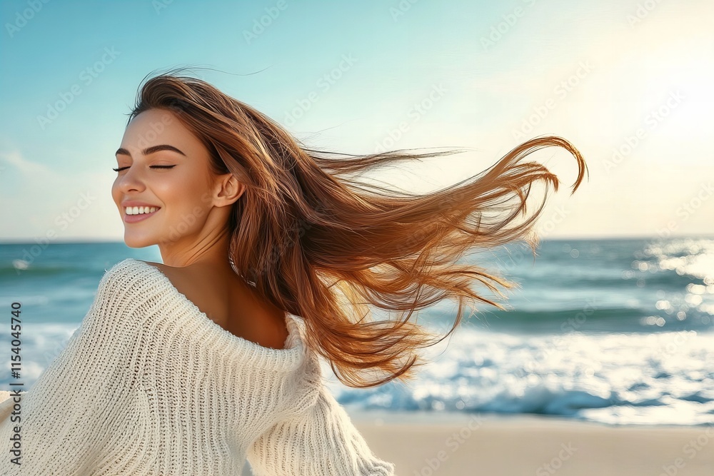 Young caucasian woman with flowing hair enjoying a beach breeze Young caucasian woman with flowing hair enjoying a beach breeze