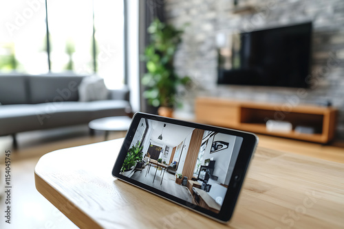 Virtual Home Tour on Tablet: Modern Interior Design photo