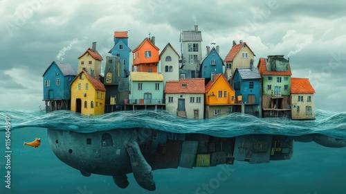 Colorful houses float on a giant creature in the sea