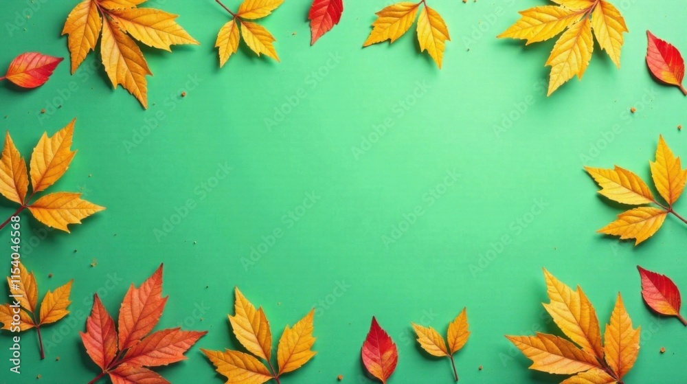 Autumnal foliage arranged artfully on a vibrant green backdrop, creating a captivating seasonal frame for your design projects Autumnal foliage arranged artfully on a vibrant green backdrop, creating a captivating seasonal frame for your design projects
