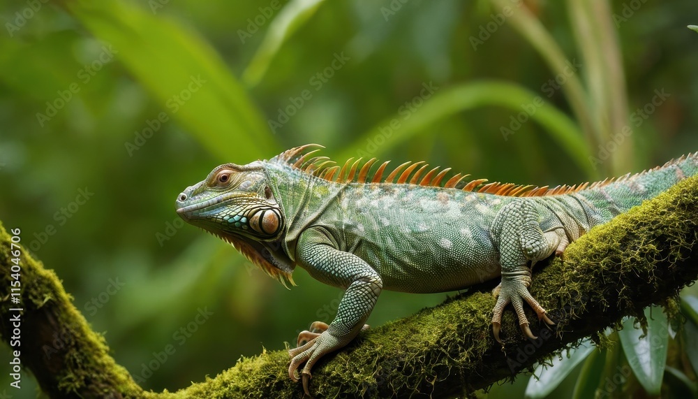 A striking iguana with vibrant green and orange hues basking on a moss-covered branch in the heart of the jungle, perfect for nature and wildlife lovers A striking iguana with vibrant green and orange hues basking on a moss-covered branch in the heart of the jungle, perfect for nature and wildlife lovers