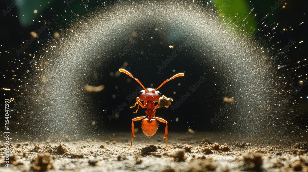 Naklejka premium A close-up of an ant carrying food, surrounded by a spray of dust particles.