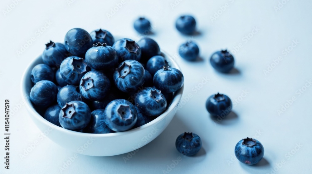 A bowl brimming with plump, juicy blueberries, scattered around it on a tranquil blue backdrop, suggesting freshness and natural sweetness. A bowl brimming with plump, juicy blueberries, scattered around it on a tranquil blue backdrop, suggesting freshness and natural sweetness.