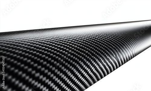 Closeup of a cylindrical roll of black carbon fiber with a distinctive weave pattern. The texture is highlighted against a white background, showcasing its strength and lightweight properties. photo