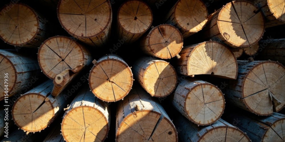 Naklejka premium A Stack of Sun-Drenched Logs, Showing the Natural Beauty of Wood Grain and Texture, a Close-Up View of Round Cut Timber