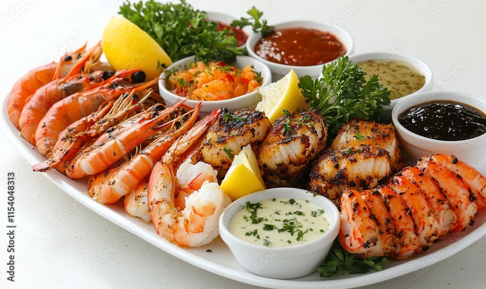 Grilled seafood platter with various sauces. Grilled seafood platter with various sauces.