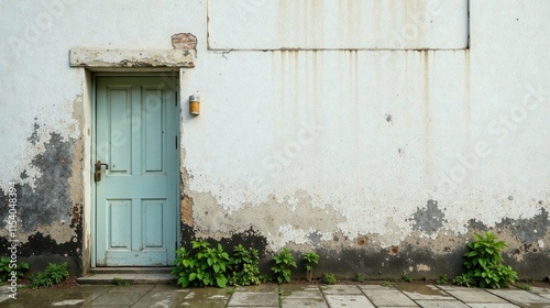 A weathered teal door set within a crumbling plaster wall, flanked by burgeoning vegetation, evokes a sense of aged resilience and quiet beauty.