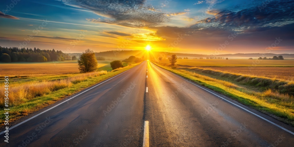 Naklejka premium Golden light illuminates rural highway at dawn as asphalt road stretches into the distance amidst serene landscape, golden hour, dawn