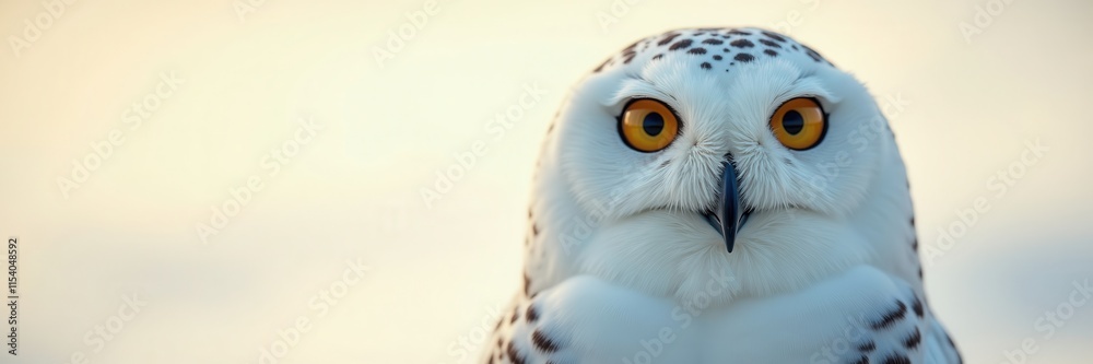 Fototapeta premium A majestic snowy owl gazes intently with captivating golden eyes against a soft ethereal background a symbol of arctic wisdom and pristine beauty