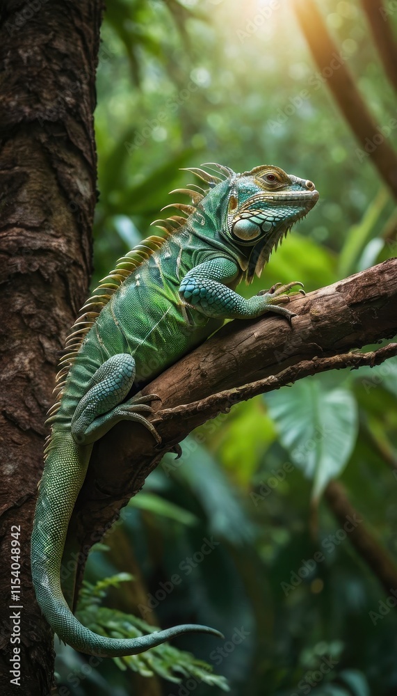 A majestic iguana relaxing on a branch, its vivid green and blue tones blending perfectly with the rich greenery of the tropical jungle A majestic iguana relaxing on a branch, its vivid green and blue tones blending perfectly with the rich greenery of the tropical jungle