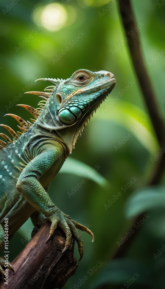 Obraz premium A close-up of an iguana perched on a branch in a dense rainforest, showcasing its detailed scales and striking spikes in a serene natural setting