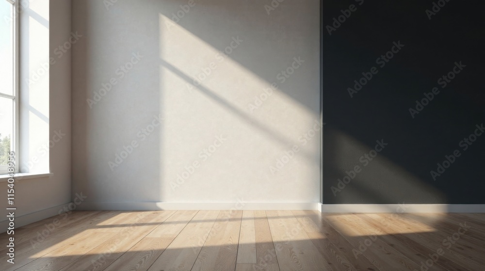 Sunlight streams through a window illuminating a minimalist room with light and dark walls and hardwood flooring.