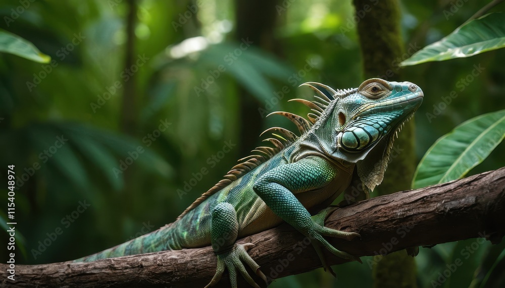 A vibrant iguana basking on a tree branch amidst a lush tropical forest, its intricate scales glowing in hues of green and blue against a blurred jungle backdrop A vibrant iguana basking on a tree branch amidst a lush tropical forest, its intricate scales glowing in hues of green and blue against a blurred jungle backdrop