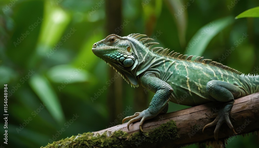 Obraz premium A vibrant iguana basking on a tree branch amidst a lush tropical forest, its intricate scales glowing in hues of green and blue against a blurred jungle backdrop