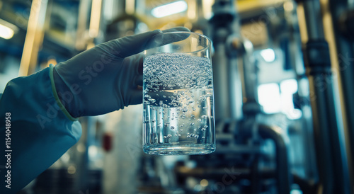 A gloved hand holds a glass of water with visible bubbles in a blurred industrial setting. The image suggests water purity testing or analysis in a manufacturing plant.