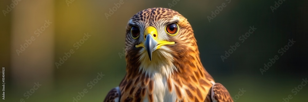 A close up portrait of a majestic hawk showcasing its piercing gaze and intricate feather patterns with a blurred natural background highlighting its captivating presence