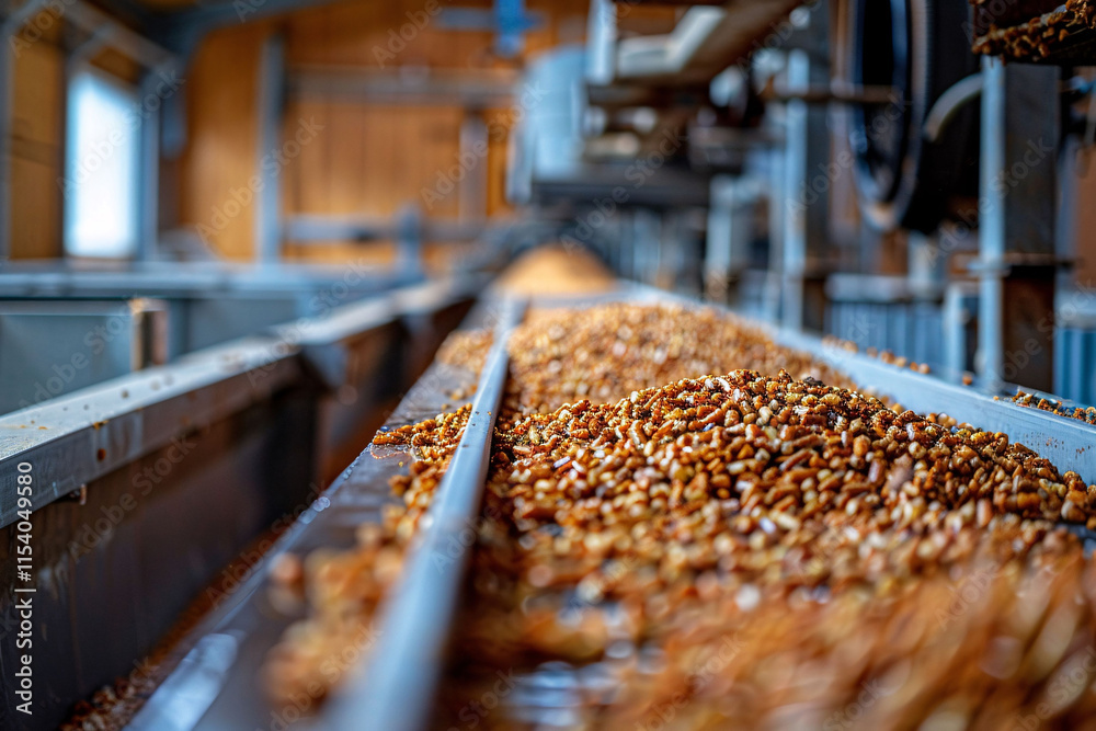 Grains are being transported on a conveyor belt inside a spacious agricultural facility. The area is well-lit, showcasing the efficiency of food processing operations at work. Grains are being transported on a conveyor belt inside a spacious agricultural facility. The area is well-lit, showcasing the efficiency of food processing operations at work.