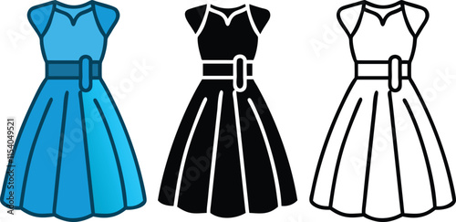 Retro Dress Designs Blue, Black, White Outline Illustrations