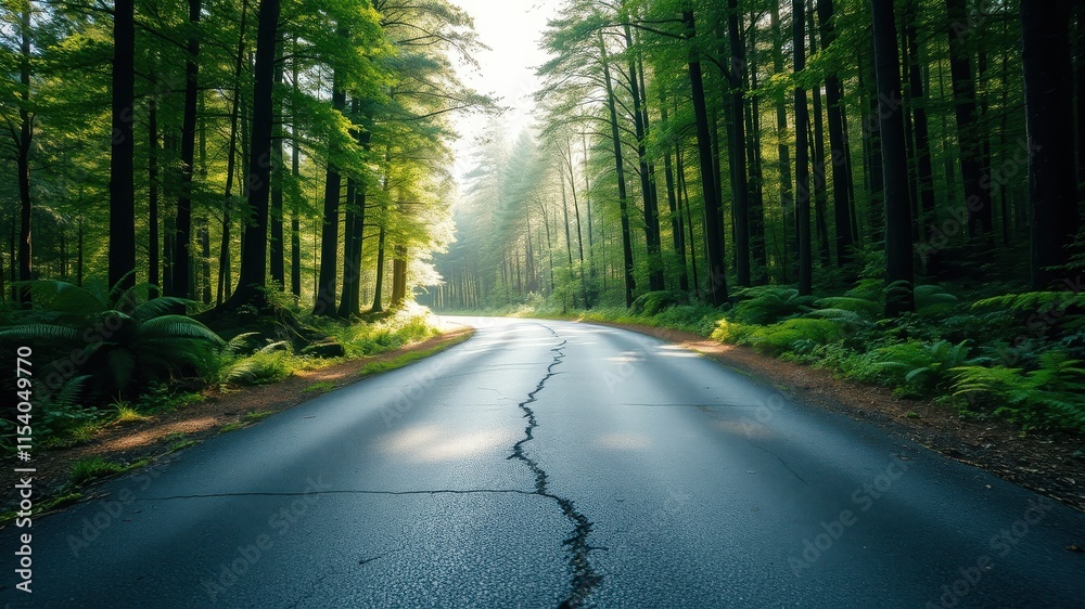 Fototapeta premium Sunlit Road Winding Through Lush Green Forest Canopy