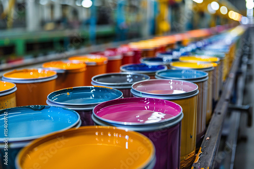 A variety of paint cans in different colors are neatly arranged along a conveyor belt in a factory setting, showcasing the products ready for distribution and use.