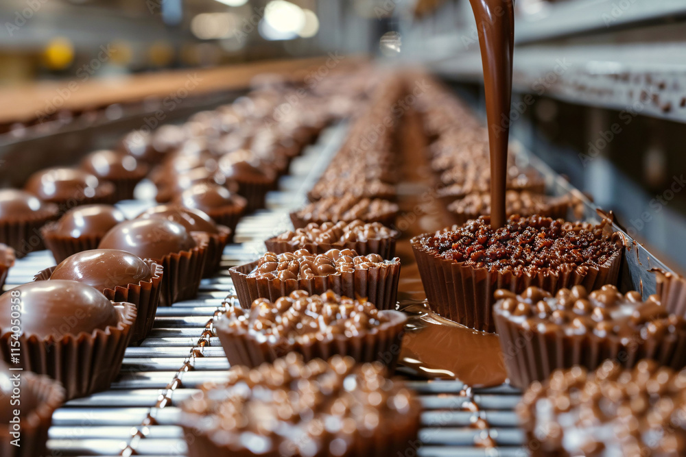 Workers are busy in a confectionery factory as liquid chocolate is poured over various molds, creating delicious treats. The atmosphere is warm and inviting, full of sweet aromas. Workers are busy in a confectionery factory as liquid chocolate is poured over various molds, creating delicious treats. The atmosphere is warm and inviting, full of sweet aromas.